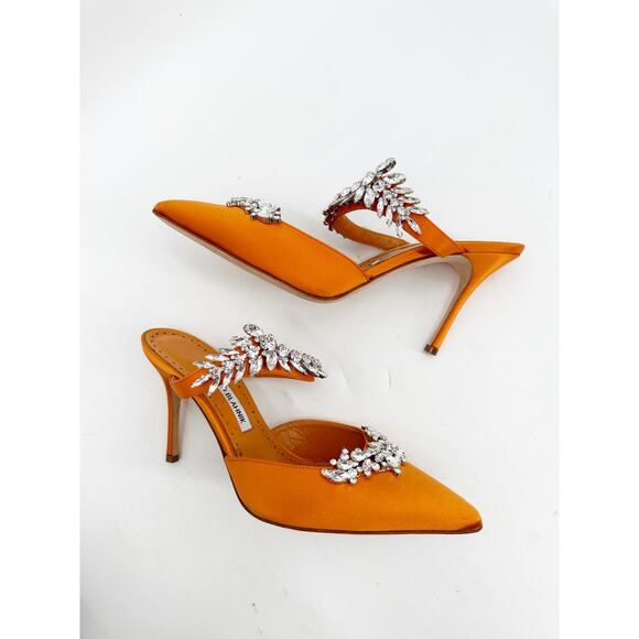 Manolo Blahnik Orange Satin Crystal Embellished 90 Mules 39.5 - Picture 3 of 10